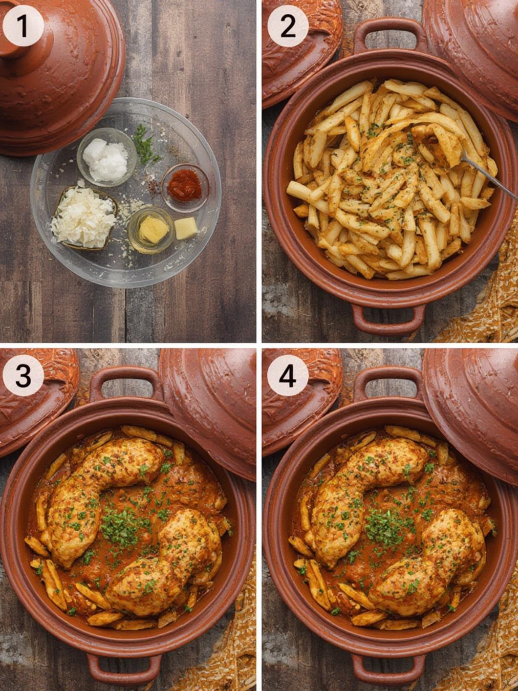 Chicken Tagine With Fries Recipe 2 Chicken tagine with fries served in a traditional Moroccan tagine pot