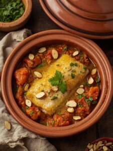 fish tagine with saffron and almonds