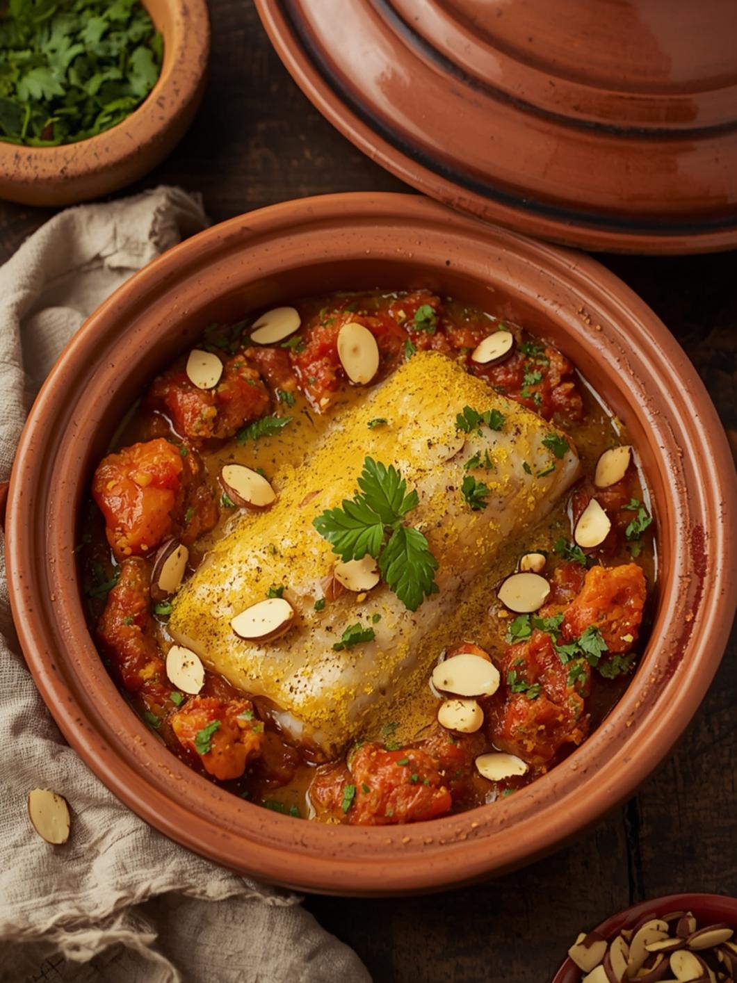 fish tagine with saffron and almonds