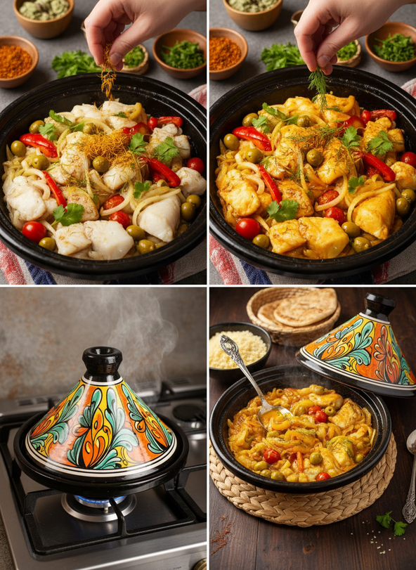 Fish tagine with saffron onions step by step cooking process