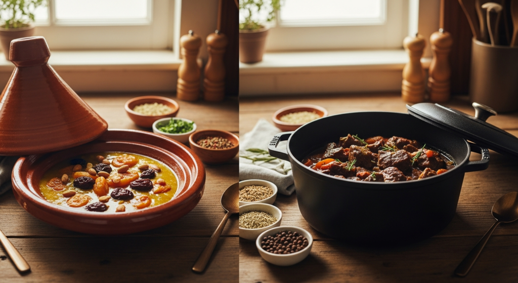 Tagine vs Dutch Oven vs Slow Cooker: Which Slow-Cook Vessel Is Right for You? 3 traditional terracotta Moroccan tagine